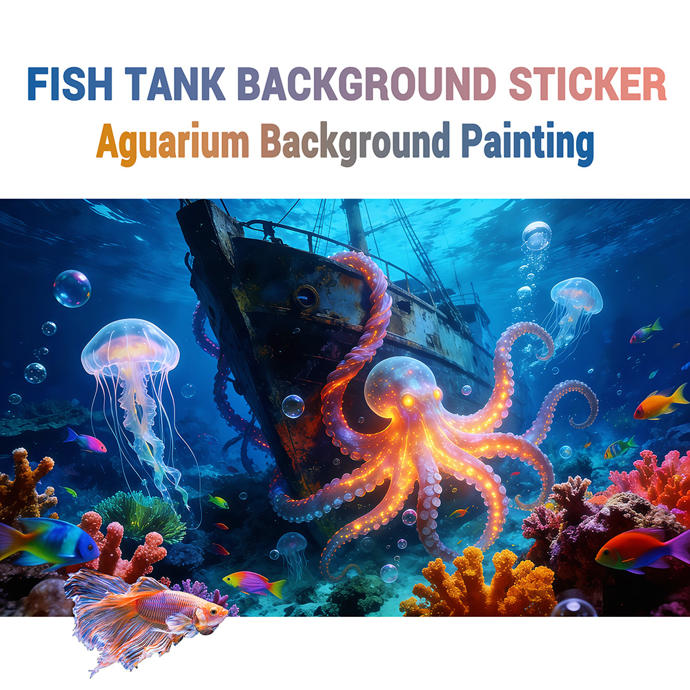 Aquarium Fish Paradise - Akvaryum Arka Plan Çıkartması, Ahtapot Cenneti,